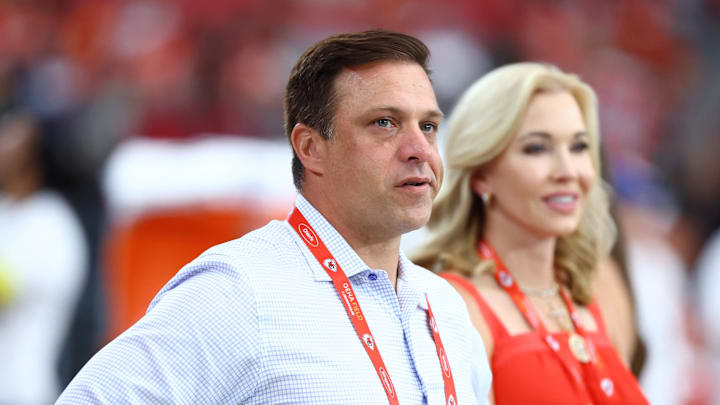 Aug 9, 2025; Glendale, Arizona, USA; Kansas City Chiefs general manager Brett Veach against the Arizona Cardinals during a preseason NFL game at State Farm Stadium. Mandatory Credit: Mark J. Rebilas-Imagn Images