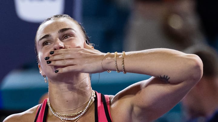 Aryna Sabalenka celebrates her victory Aryna Sabalenka celebrates her victory