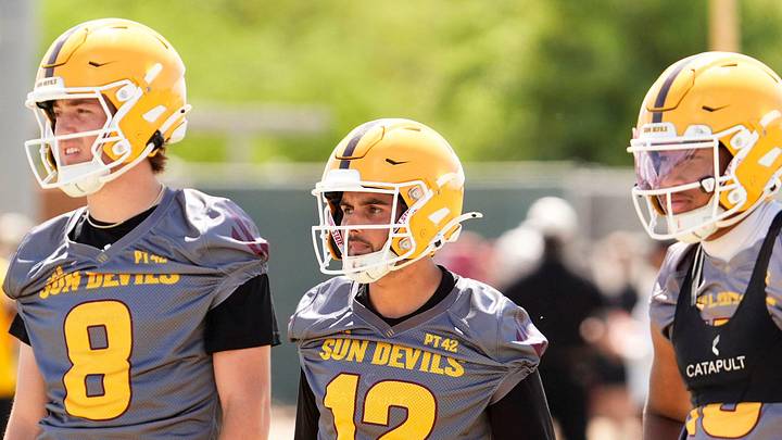 Arizona State quarterbacks Cutter Boley (8), Mikey Keene (12), and Cameron Dyer (13) during practice on April 21, 2026, at Kajikawa practice fields in Tempe.