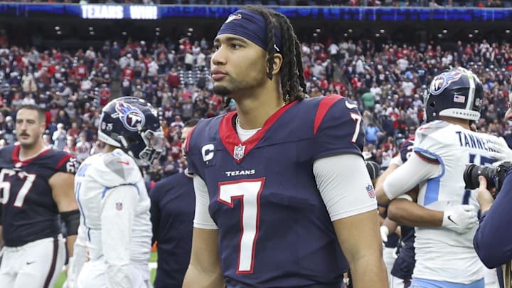 Dec 31, 2023; Houston, Texas, USA; Houston Texans quarterback C.J. Stroud (7) after the game against the Tennessee Titans at NRG Stadium. Mandatory Credit: Troy Taormina-Imagn Images