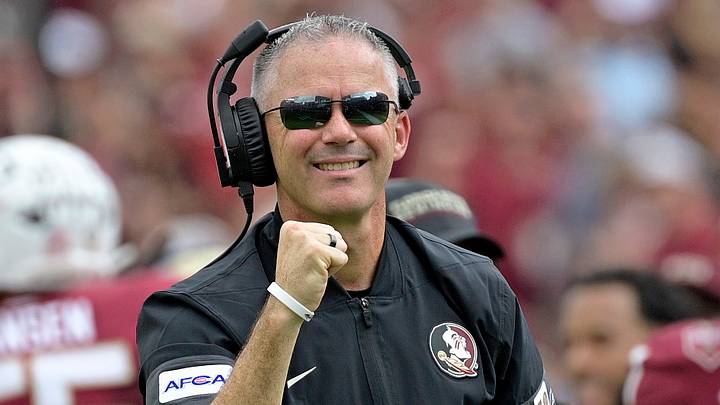Sep 20, 2025; Tallahassee, Florida, USA; Florida State Seminoles head coach Mike Norvell reacts after a touchdown during the first half against the Kent State Golden Flashes at Doak S. Campbell Stadium. Mandatory Credit: Melina Myers-Imagn Images Sep 20, 2025; Tallahassee, Florida, USA; Florida State Seminoles head coach Mike Norvell reacts after a touchdown during the first half against the Kent State Golden Flashes at Doak S. Campbell Stadium. Mandatory Credit: Melina Myers-Imagn Images