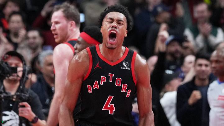 Nov 26, 2025; Toronto, Ontario, CAN; Toronto Raptors forward Scottie Barnes (4) celebrates the win against the Indiana Pacers at the end the fourth quarter at Scotiabank Arena. Mandatory Credit: Nick Turchiaro-Imagn Images Nov 26, 2025; Toronto, Ontario, CAN; Toronto Raptors forward Scottie Barnes (4) celebrates the win against the Indiana Pacers at the end the fourth quarter at Scotiabank Arena. Mandatory Credit: Nick Turchiaro-Imagn Images