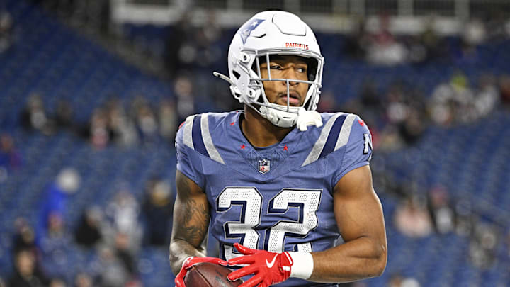 Nov 13, 2025; Foxborough, Massachusetts, USA; New England Patriots running back TreVeyon Henderson (32) looks on before the start of the game against the New York Jets at Gillette Stadium. Mandatory Credit: Eric Canha-Imagn Images