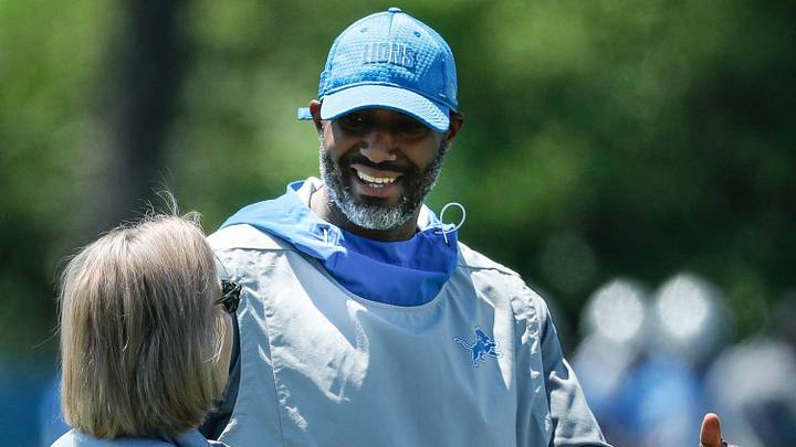 Detroit Lions owner Sheila Ford Hamp talks to general manager Brad Holmes during organized team activities Detroit Lions owner Sheila Ford Hamp talks to general manager Brad Holmes during organized team activities