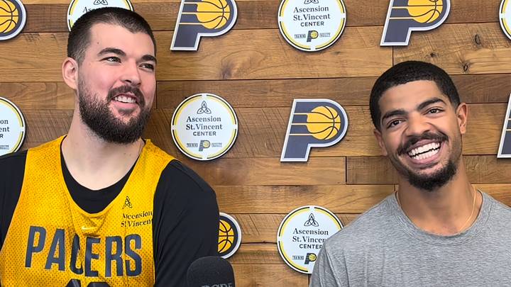 Zubac (left) and Sheppard (right) answer questions at Pacers Training Camp practice. Zubac (left) and Sheppard (right) answer questions at Pacers Training Camp practice.