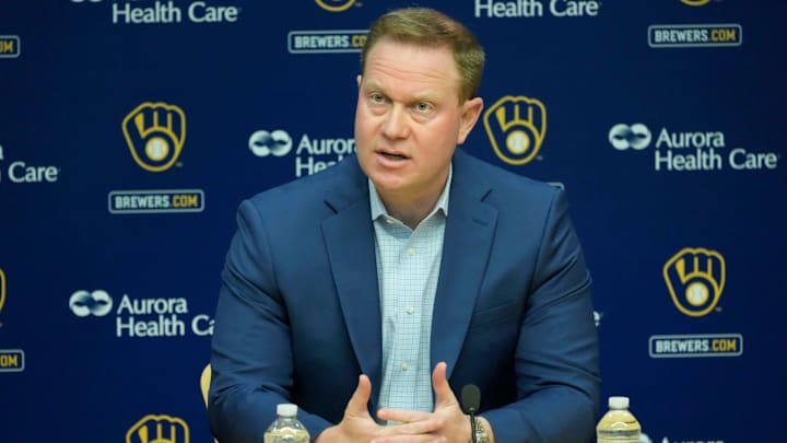 Senior Vice President and General Manager Matt Arnold speaks during an an end of season press conference at American Family Field in Milwaukee on Tuesday, Oct. 10, 2023.