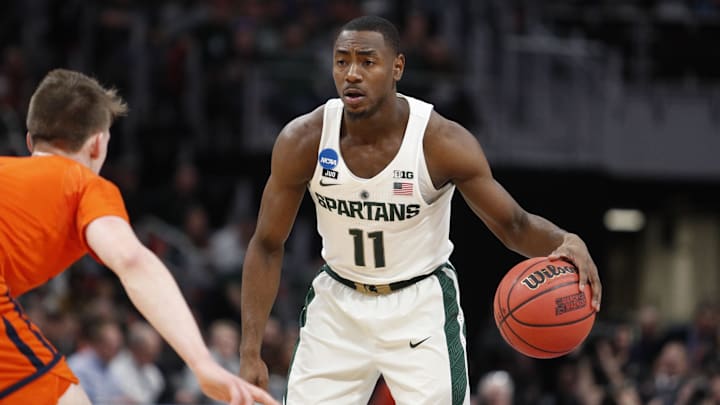 Mar 16, 2018; Detroit, MI, USA;  Michigan State Spartans guard Lourawls Nairn Jr. (11) moves down the court in the first half against the Bucknell Bison in the first round of the 2018 NCAA Tournament at Little Caesars Arena. Mandatory Credit: Raj Mehta-Imagn Images