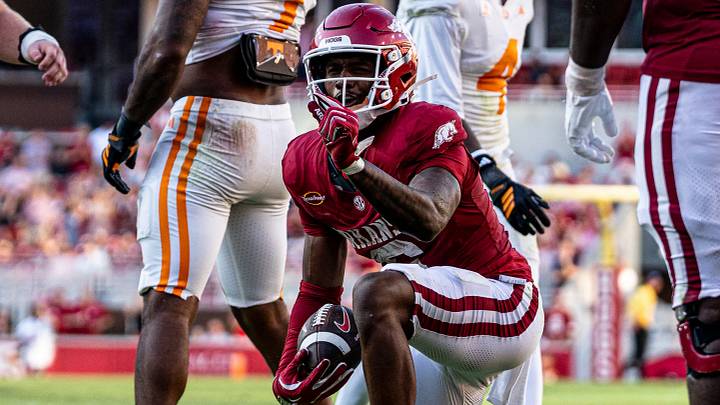 Arkansas Razorbacks wide receiver Chris Marshall celebrates after catch for a first down against Tennessee.