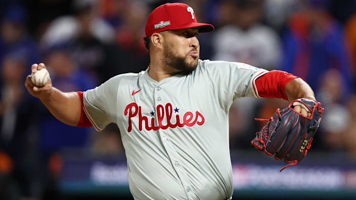 Oct 8, 2024; New York City, New York, USA; Philadelphia Phillies pitcher Carlos Estevez (53) pitches in the eighth inning against the New York Mets during game three of the NLDS for the 2024 MLB Playoffs at Citi Field