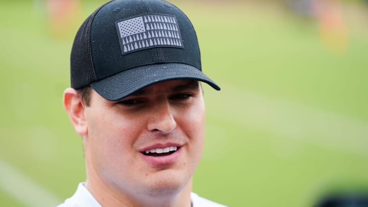 Cincinnati Bengals Trey Hendrickson speaks at a press conference after practice, Tuesday, May 13, 2025, at Kettering Health Practice Fields in Downtown Cincinnati.