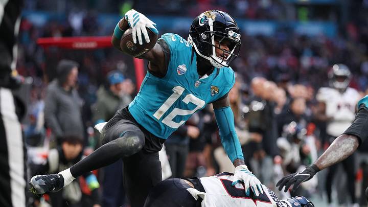 Football - NFL - Houston Texans v Jacksonville Jaguars - Wembley Stadium, London, Britain - October 18, 2026 Jacksonville Jaguars' Travis Hunter celebrates intercepting a pass from Houston Texans' C.J. Stroud Action Images via Reuters/Paul Childs