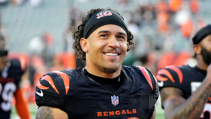 Cincinnati Bengals running back Chase Brown (30) smiles at fans after the Bengals beat the Las Vegas Raiders 41-24 Paycor Stadium Sunday, November 3, 2024.