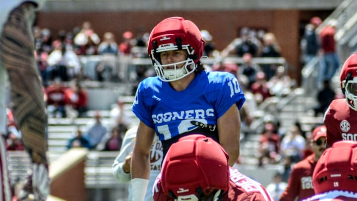 Oklahoma quarterback John Mateer prepares for a snap in the spring game.