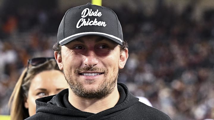 Nov 30, 2024; College Station, Texas, USA; Former Texas A&M and Cleveland Browns quarterback Johnny Manziel looks on prior to the game against the Texas Longhorns. Nov 30, 2024; College Station, Texas, USA; Former Texas A&M and Cleveland Browns quarterback Johnny Manziel looks on prior to the game against the Texas Longhorns.