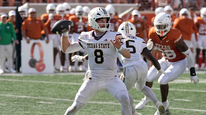Sep 5, 2026; Austin, Texas, USA; Texas State Bobcats quarterback Brad Jackson (8). Sep 5, 2026; Austin, Texas, USA; Texas State Bobcats quarterback Brad Jackson (8).