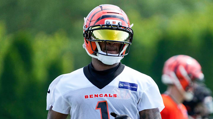 Cincinnati Bengals wide receiver Ja'Marr Chase (1) lines up wide during the second day of preseason training camp in downtown Cincinnati on Thursday, July 24, 2025. Cincinnati Bengals wide receiver Ja'Marr Chase (1) lines up wide during the second day of preseason training camp in downtown Cincinnati on Thursday, July 24, 2025.