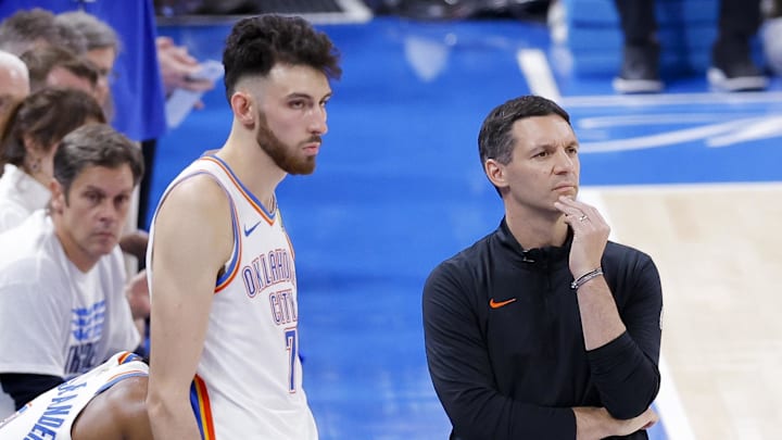 Jun 16, 2025; Oklahoma City, Oklahoma, USA; Oklahoma City Thunder forward Chet Holmgren (7) and head coach Mark Daigneault during the fourth quarter against the Indiana Pacers in game five of the 2025 NBA Finals at Paycom Center. Mandatory Credit: Alonzo Adams-Imagn Images Jun 16, 2025; Oklahoma City, Oklahoma, USA; Oklahoma City Thunder forward Chet Holmgren (7) and head coach Mark Daigneault during the fourth quarter against the Indiana Pacers in game five of the 2025 NBA Finals at Paycom Center. Mandatory Credit: Alonzo Adams-Imagn Images