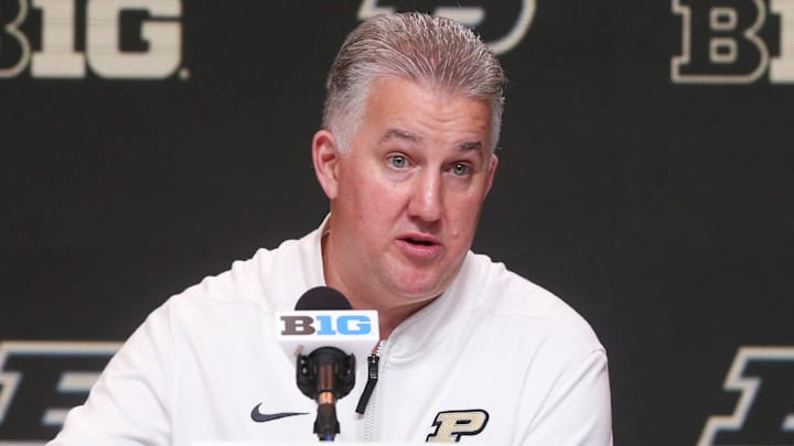 Purdue Boilermakers head coach Matt Painter fields questions from the media 