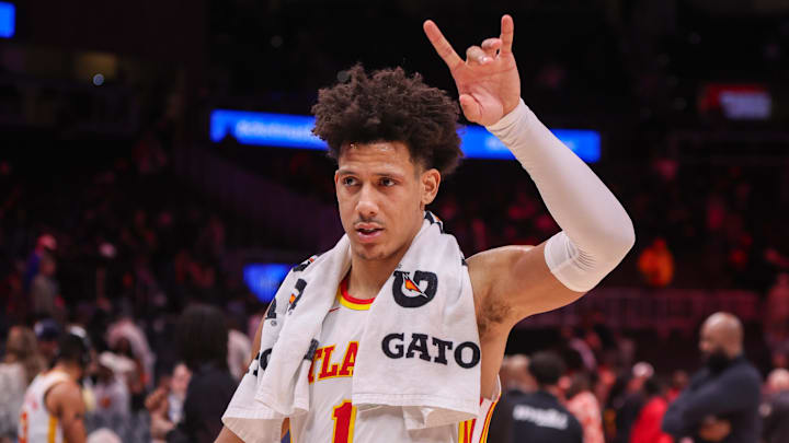 Atlanta Hawks forward Jalen Johnson (1) celebrates after a victory over the Phoenix Suns at State Farm Arena. Atlanta Hawks forward Jalen Johnson (1) celebrates after a victory over the Phoenix Suns at State Farm Arena.