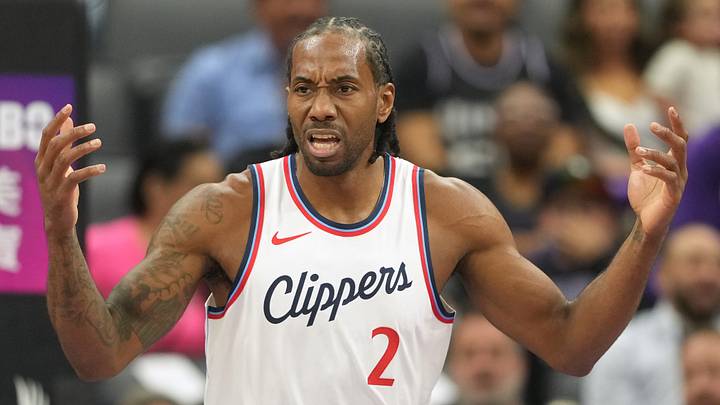 Apr 11, 2025; Sacramento, California, USA; Los Angeles Clippers forward Kawhi Leonard (2) reacts during the first quarter against the Sacramento Kings at Golden 1 Center. Mandatory Credit: Darren Yamashita-Imagn Images