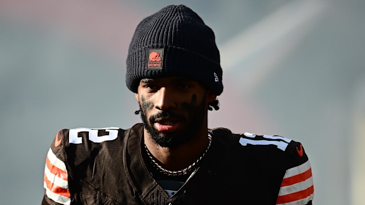 Dec 21, 2025; Cleveland, Ohio, USA;  Cleveland Browns quarterback Shedeur Sanders (12) is introduced prior to a game against the Buffalo Bills at Huntington Bank Field. Mandatory Credit: Ken Blaze-Imagn Images