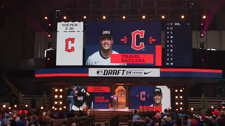 Jul 14, 2024; Ft. Worth, TX, USA; The Cleveland Guardians select Travis Bazzana with the first pick during the first round of the MLB Draft at Cowtown Coliseum. Mandatory Credit: Kevin Jairaj-Imagn Images Jul 14, 2024; Ft. Worth, TX, USA; The Cleveland Guardians select Travis Bazzana with the first pick during the first round of the MLB Draft at Cowtown Coliseum. Mandatory Credit: Kevin Jairaj-Imagn Images