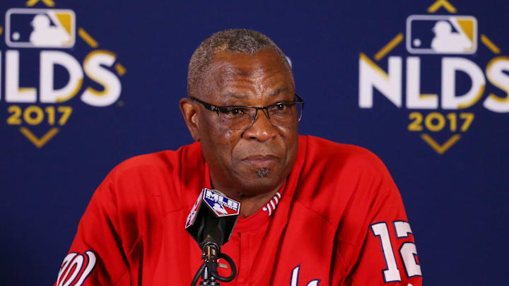 Washington Nationals manager Dusty Baker speaks to the media before game four of the 2017 NLDS playoff baseball series against the Chicago Cubs at Wrigley Field. 