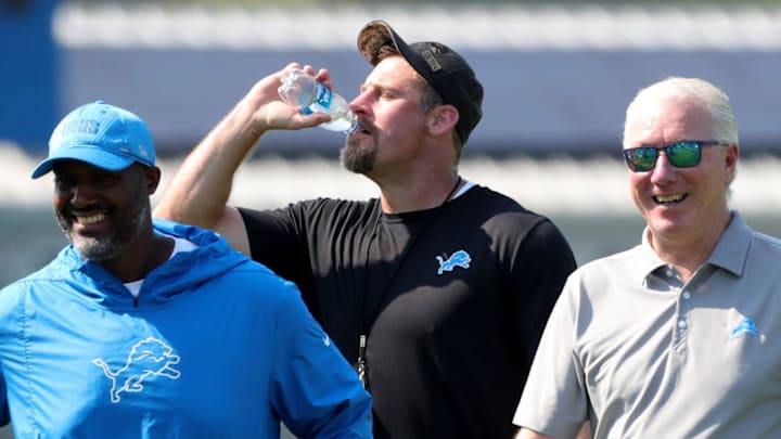 Detroit Lions general manager Brad Holmes, head coach Dan Campbell and team president/CEO Rod Wood talk
