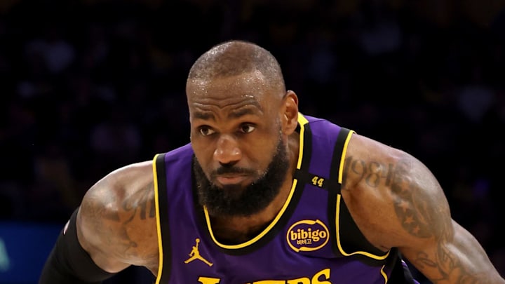 Feb 28, 2025; Los Angeles, California, USA; Los Angeles Lakers forward LeBron James (23) drives during the fourth quarter against the LA Clippers at Crypto.com Arena. Mandatory Credit: Jason Parkhurst-Imagn Images