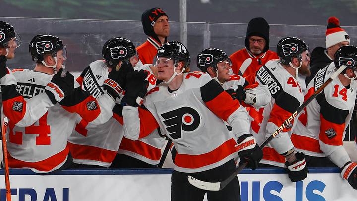 Feb 17, 2024; East Rutherford, New Jersey, USA; Philadelphia Flyers right wing Owen Tippett (74) celebrates his goal against the New Jersey Devils during the second period in a Stadium Series ice hockey game at MetLife Stadium. Mandatory Credit: Ed Mulholland-Imagn Images Feb 17, 2024; East Rutherford, New Jersey, USA; Philadelphia Flyers right wing Owen Tippett (74) celebrates his goal against the New Jersey Devils during the second period in a Stadium Series ice hockey game at MetLife Stadium. Mandatory Credit: Ed Mulholland-Imagn Images