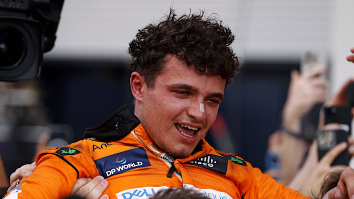 May 5, 2024; Miami Gardens, Florida, USA; McLaren driver Lando Norris (4) celebrates with his team
