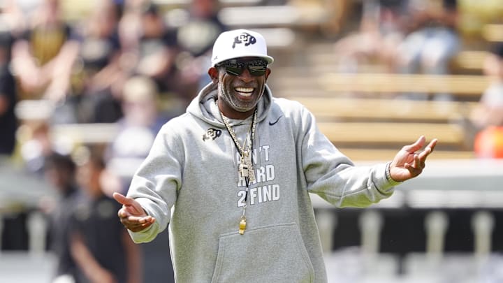 Sep 6, 2025; Boulder, Colorado, USA; Colorado Buffaloes head coach Deion Sanders before the game against the Delaware Fightin Blue Hens at Folsom Field. Mandatory Credit: Ron Chenoy-Imagn Images