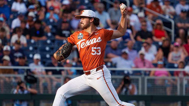 Jun 16, 2026; Omaha, NE, USA; Texas Longhorns starting pitcher Luke Harrison Jun 16, 2026; Omaha, NE, USA; Texas Longhorns starting pitcher Luke Harrison