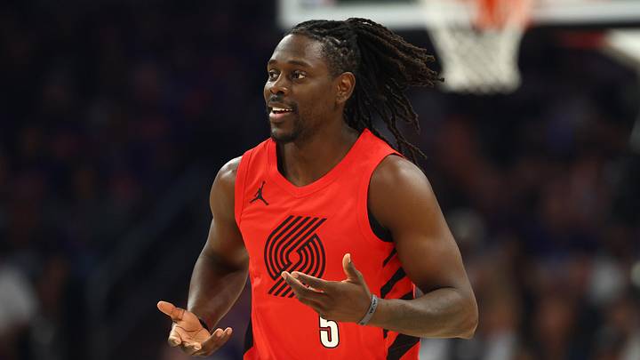 Apr 14, 2026; Phoenix, Arizona, USA; Portland Trail Blazers guard Jrue Holiday (5) reacts against the Phoenix Suns in the first half during the play-in rounds of the 2026 NBA Playoffs at Mortgage Matchup Center. Mandatory Credit: Mark J. Rebilas-Imagn Images