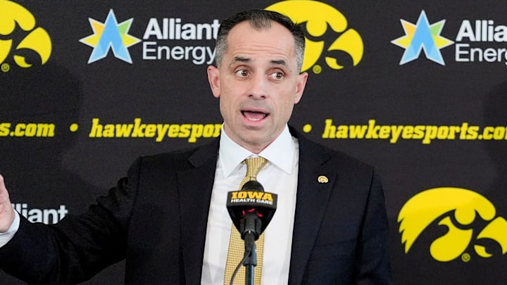 Ben McCollum, Iowa's new head men's basketball coach, speaks during his introductory press conference Tuesday, March 25, 2025 at Carver-Hawkeye Arena in Iowa City, Iowa.