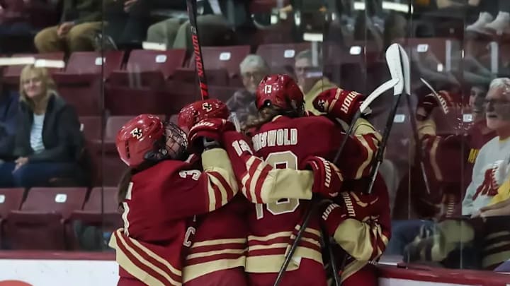 Boston College celebrate a second period goal en route to their first win of the season.