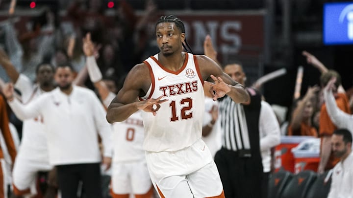 Texas Longhorns guard Tramon Mark celebrates a three point basket during the second half against the Georgia Bulldogs at Moody Center. 