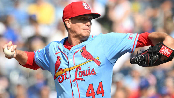 Sep 14, 2024; Toronto, Ontario, CAN;  St. Louis Cardinals starting pitcher Kyle Gibson (44) delivers a pitch against the Toronto Blue Jays in the first inning at Rogers Centre. Mandatory Credit: Dan Hamilton-Imagn Images