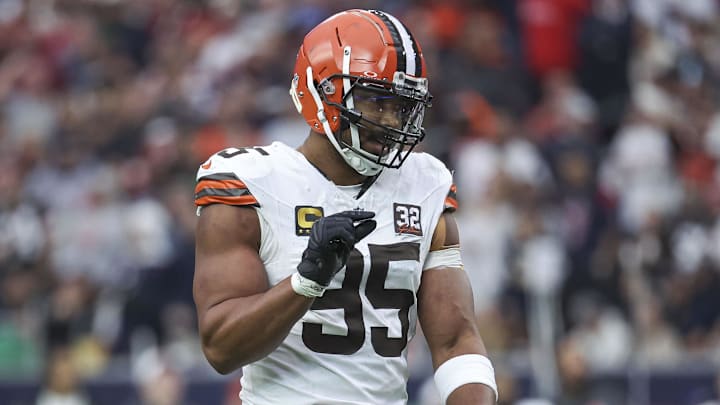 Jan 13, 2024; Houston, Texas, USA; Cleveland Browns defensive end Myles Garrett (95) reacts in a 2024 AFC wild card game against the Houston Texans at NRG Stadium. Mandatory Credit: Troy Taormina-Imagn Images Jan 13, 2024; Houston, Texas, USA; Cleveland Browns defensive end Myles Garrett (95) reacts in a 2024 AFC wild card game against the Houston Texans at NRG Stadium. Mandatory Credit: Troy Taormina-Imagn Images