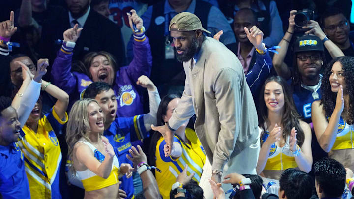 Feb 16, 2025; San Francisco, CA, USA; Shaqís OGs forward LeBron James (23) of the Los Angeles Lakers during player introductions before the 2025 NBA All Star Game at Chase Center. Mandatory Credit: Darren Yamashita-Imagn Images