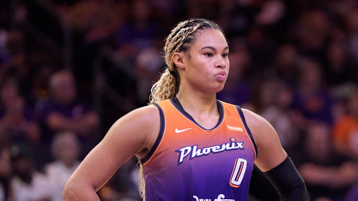 Sep 14, 2025; Phoenix, Arizona, USA; Phoenix Mercury forward Satou Sabally (0) reacts during overtime against the New York Liberty during game one of the 2025 WNBA Playoffs round one at PHX Arena. Mandatory Credit: Allan Henry-Imagn Images Sep 14, 2025; Phoenix, Arizona, USA; Phoenix Mercury forward Satou Sabally (0) reacts during overtime against the New York Liberty during game one of the 2025 WNBA Playoffs round one at PHX Arena. Mandatory Credit: Allan Henry-Imagn Images