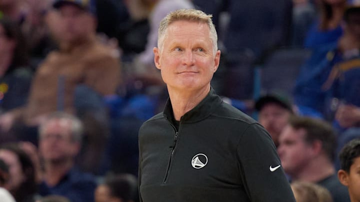 Jan 18, 2025; San Francisco, California, USA; Golden State Warriors head coach Steve Kerr reacts against the Washington Wizards during the third quarter at Chase Center. Mandatory Credit: Robert Edwards-Imagn Images