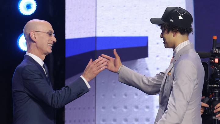 Jun 23, 2026; New York, NY, USA; NBA commissioner Adam Silver greets the fifth pick in the 2026 NBA draft, Illinois guard Keaton Wagler after he was selected by the Los Angeles Clippers at Barclays Center. Mandatory Credit: Brad Penner-Imagn Images