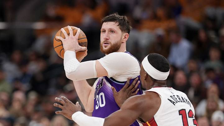 Jan 24, 2026; Salt Lake City, Utah, USA; Utah Jazz center Jusuf Nurkić (30) keeps the ball away from Miami Heat center/forward Bam Adebayo (13) during the second half at Delta Center. Mandatory Credit: Chris Nicoll-Imagn Images Jan 24, 2026; Salt Lake City, Utah, USA; Utah Jazz center Jusuf Nurkić (30) keeps the ball away from Miami Heat center/forward Bam Adebayo (13) during the second half at Delta Center. Mandatory Credit: Chris Nicoll-Imagn Images