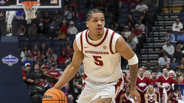 Mar 13, 2026; Nashville, TN, USA; Arkansas Razorbacks guard Darius Acuff Jr. (5) drives to the basket against the Oklahoma Sooners during the first half at Bridgestone Arena. Mar 13, 2026; Nashville, TN, USA; Arkansas Razorbacks guard Darius Acuff Jr. (5) drives to the basket against the Oklahoma Sooners during the first half at Bridgestone Arena.