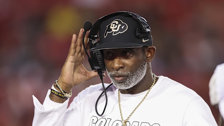 Sep 12, 2025; Houston, Texas, USA; Colorado Buffaloes head coach Deion Sanders reacts during the second quarter against the Houston Cougars at TDECU Stadium. Mandatory Credit: Troy Taormina-Imagn Images