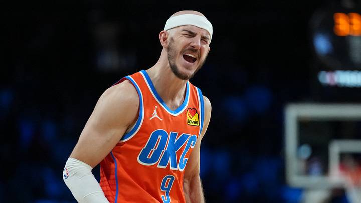 Dec 13, 2025; Las Vegas, Nevada, USA; Oklahoma City Thunder guard Alex Caruso (9) reacts in the games closing seconds against the San Antonio Spurs during the fourth quarter at T-Mobile Arena. Mandatory Credit: Kirby Lee-Imagn Images Dec 13, 2025; Las Vegas, Nevada, USA; Oklahoma City Thunder guard Alex Caruso (9) reacts in the games closing seconds against the San Antonio Spurs during the fourth quarter at T-Mobile Arena. Mandatory Credit: Kirby Lee-Imagn Images