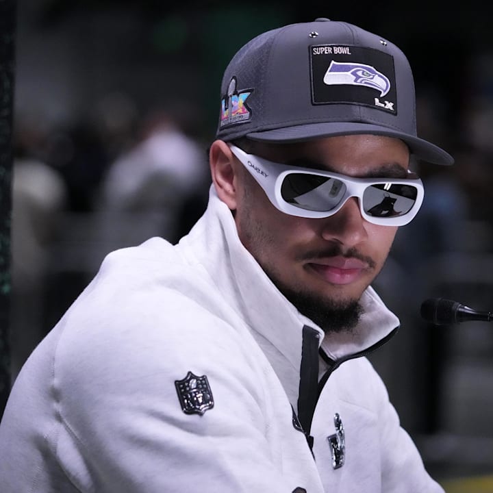 Seattle Seahawks wide receiver Jaxon Smith-Njigba during Opening Night for Super Bowl LX at San Jose Convention Center.