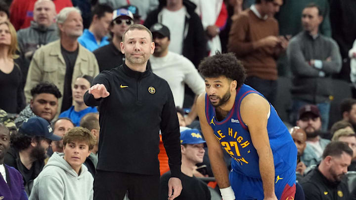 Feb 19, 2026; Inglewood, California, USA; Denver Nuggets head coach David Adelman and guard Jamal Murray (27) react against the LA Clippers in the second half at Intuit Dome. Mandatory Credit: Kirby Lee-Imagn Images