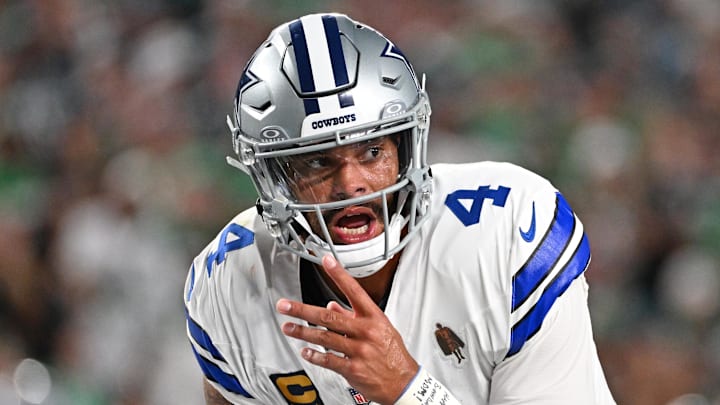 Sep 4, 2025; Philadelphia, Pennsylvania, USA; Dallas Cowboys quarterback Dak Prescott (4) against the Philadelphia Eagles at Lincoln Financial Field.  